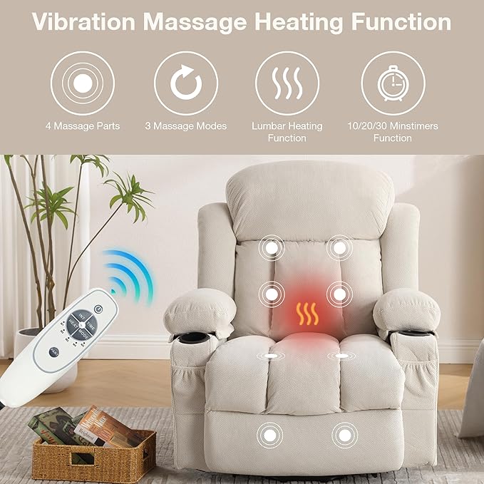 Power Lift Recliner Chair for Elderly with Vibration Massage and Lumbar Heating Electric Oversized Single Sofa with Cup Holder and USB Charge Port for Living Room