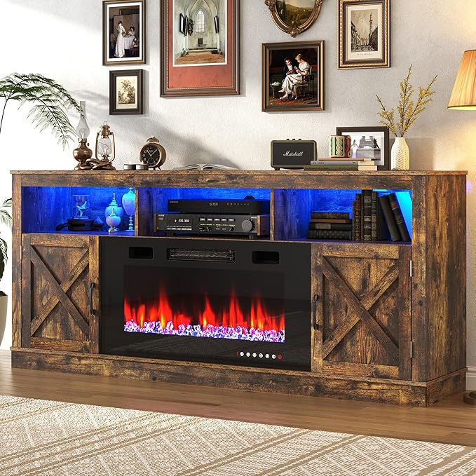 Farmhouse TV Stand with 36" Fireplace for 80" TV, 70" Entertainment Center with Barn Doors and LED Light, Tall Fireplace TV Stands for Living Room, Rustic Brown