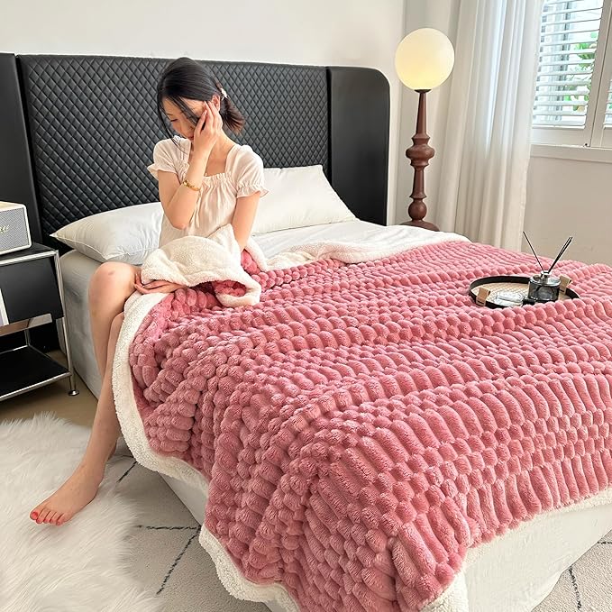 UKELER Pink Sherpa Throw Blanket 60 × 80 inch, 470 GSM Striped Sherpa Fleece Blankets for All Season, Warm and Cozy Blanket for Couch Sofa Bed Office Camping