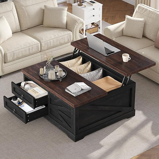 Itaar 39.4'' Lift Top Coffee Table with Storage, Farmhouse Coffee Tables for Living Room, Square Coffee Table with Large Hidden Compartment & 2 Drawers & Adjustable Shelves, Black