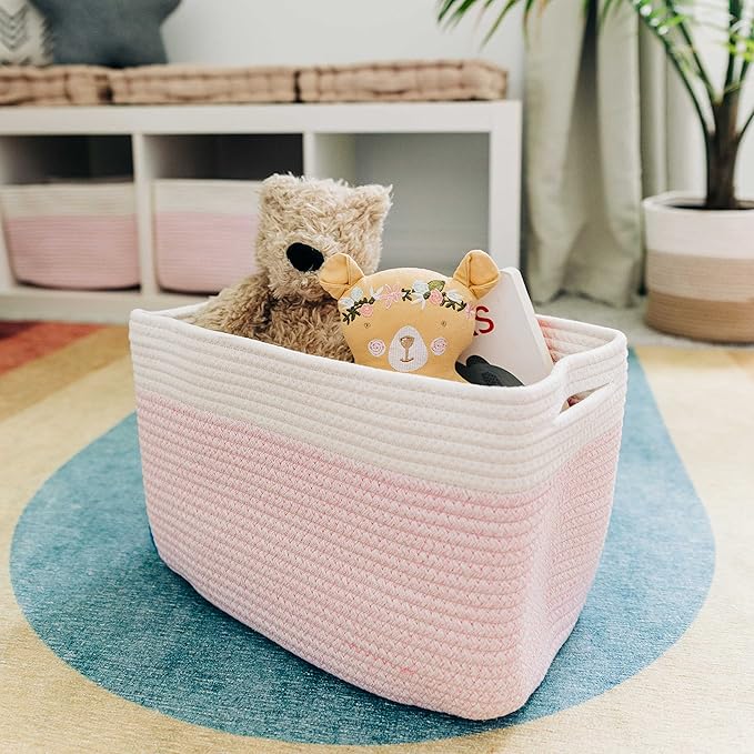 OrganiHaus Pink Basket for Books, Toy Organizers and Storage for Girls, Towel Baskets for Bathroom, Woven Baskets for Storage, Decorative Rope Storage Baskets, Cotton Rope Basket for Storage