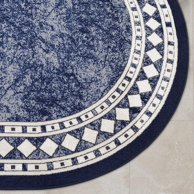 Antep Rugs Alfombras Modern Bordered 5x7 Non-Skid (Non-Slip) Low Profile Pile Rubber Backing Indoor Area Rugs (Navy Blue, 5' x 7' Oval)