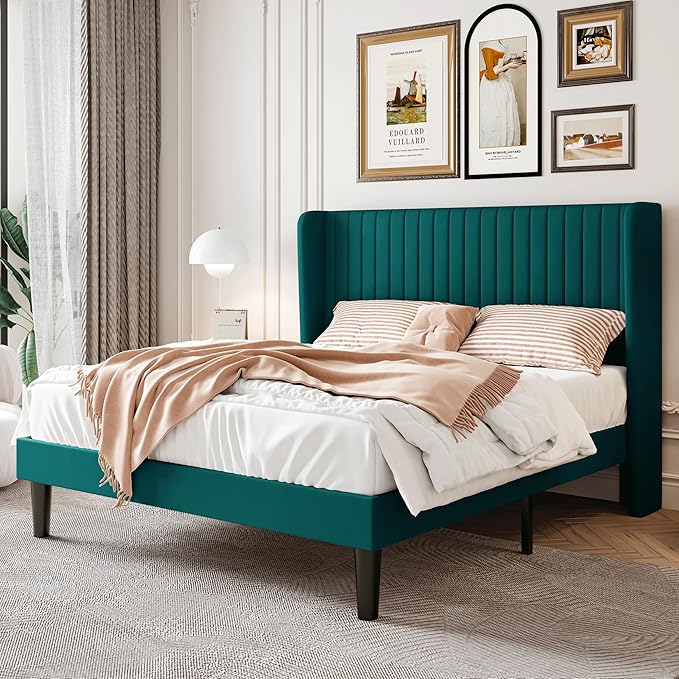 SHA CERLIN Queen Size Velvet Bed Frame with Vertical Channel Tufted Wingback Headboard, Upholstered Platform Bed with Wood Slats, No Box Spring Needed, Easy Assembly, Teal