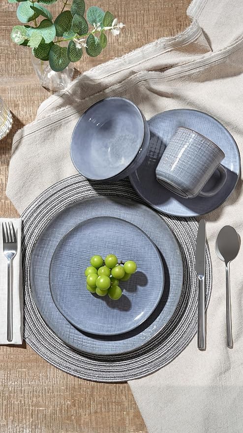 Famiware Moonlight Plates and Bowls Sets, 12 Pieces Stoneware Dinnerware Sets with Linen Finish, Handmade Dishware Set for 4, Microwave and Dishwasher Safe, Chip and Scratch Resistant, Blue