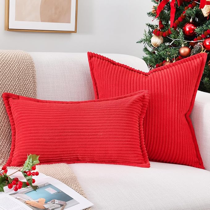 Mecatny Corduroy Throw Pillow Covers 12x20 Set of 2, Neutral Decorative Soft Boho Lumbar Couch Pillow Covers with Broadside for Sofa Living Room, Red