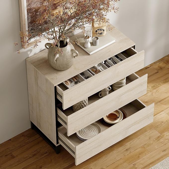 WAMPAT Dresser for Bedroom, Closet Organizers and Storage with 3 Drawers, Chest of Drawers with Metal Base, Modern Wood Dresser for Living Room, Hallway, Entryway, Light Oak