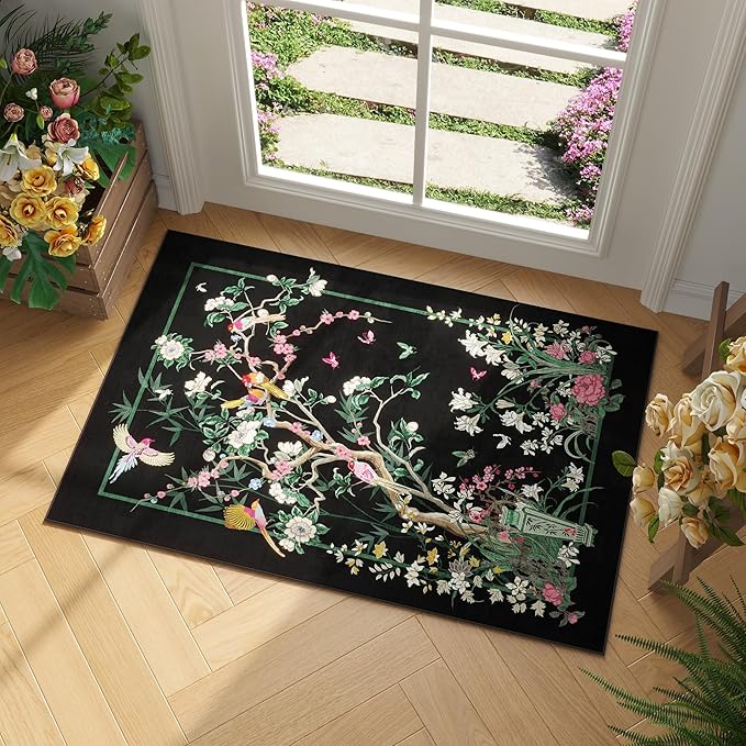 Door Mat Indoor Entrance 2x3 Rug Chinoiserie-Style Floral Vintage Machine Washable Small Area Rug Non-Slip Low Pile Throw Rugs for Entryway, Kitchen, Front Door, Entry, Kids Room, Black