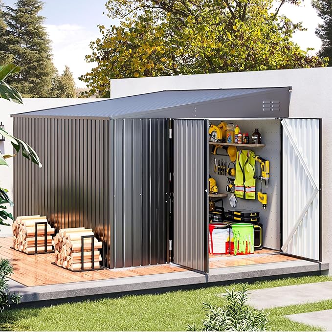 AECOJOY Shed Lean to Storage Shed, Large Outdoor 8' x 10' Metal Wall Side Bike Shed & Outdoor Storage, Garden Storage Cabinet for Backayrd, Patio and Outdoor Use in Dark Grey