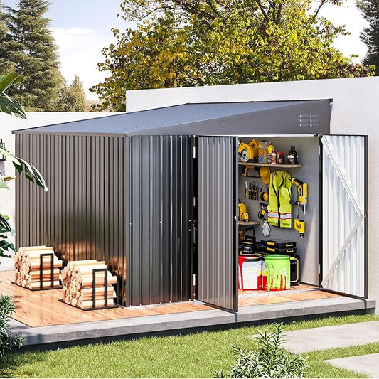 AECOJOY Shed Lean to Storage Shed, Large Outdoor 8' x 10' Metal Wall Side Bike Shed & Outdoor Storage, Garden Storage Cabinet for Backayrd, Patio and Outdoor Use in Dark Grey