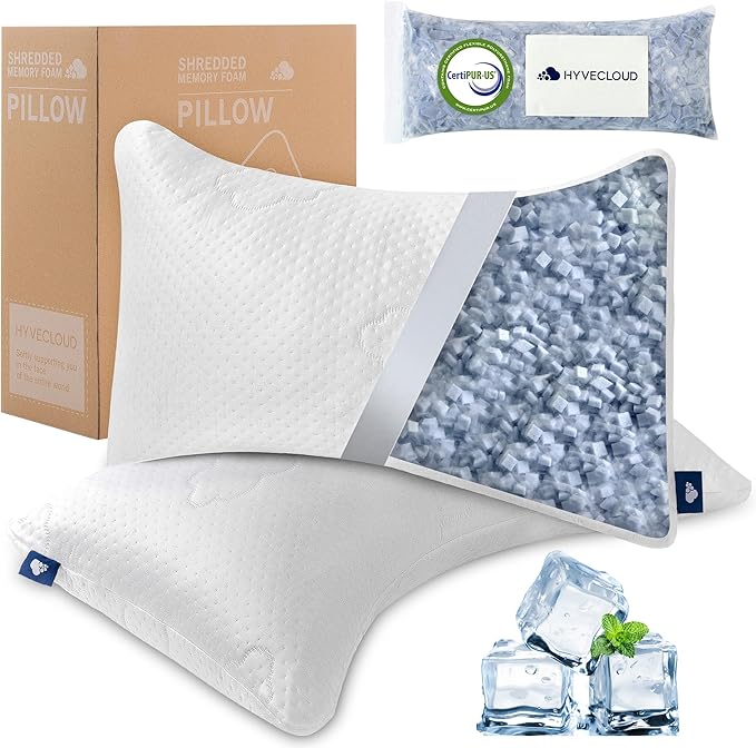 Cooling Side and Back Pillow - Comfort for Neck and Shoulder Pain - Crush Memory Foam Cooling Pillow, Adjustable Soft Bed Pillow,Crescent White-Cooling++, Queen+Extra Fill Pack of 2