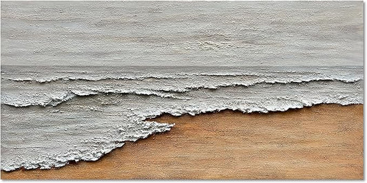 Art Hand-Painted Yellow and White Ocean Beach Landscape Oil Painting Modern Abstract Canvas Art Home Wall Decoration 24x48 inches
