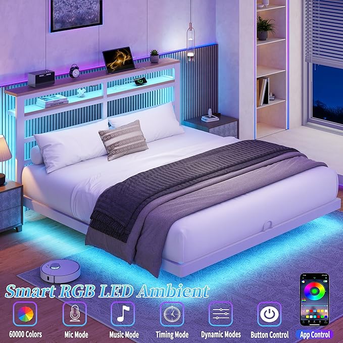Floating Bed Frame Queen with LED Lights &USB Charging Station – Modern Platform Bed with 2 Tier Storage Headboard, Metal Slat Support, No Box Spring,Easy Assembly, Noise-Free, White