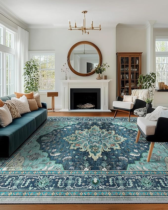 Area Rugs 10'x14' Washable Non-Slip, Floral Vintage Distress Print Pattern Medallion Carpet for Living Room Bedroom Dining Room, Teal Green Lake Blue Turquoise