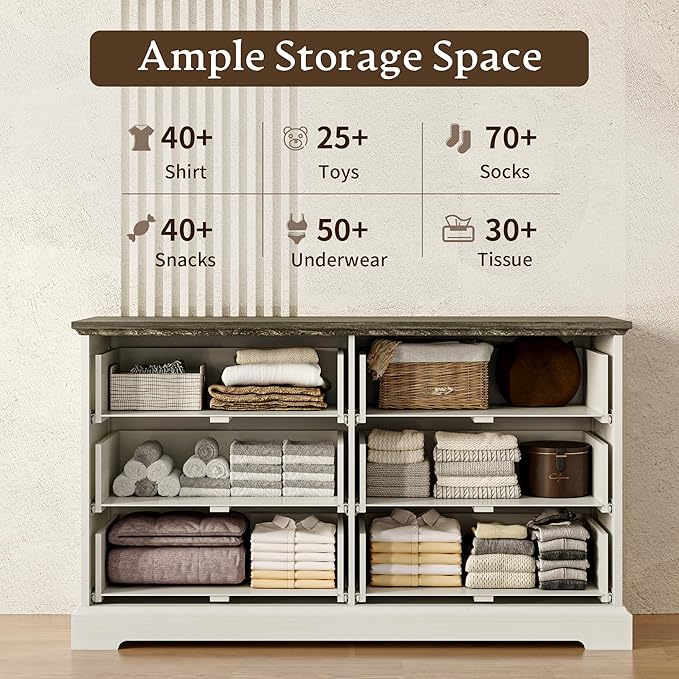 Farmhouse 6 Drawers Dresser for Bedroom, 48" Wide Modern Chest of Drawers with Deep Drawers & Bar Handles, Rustic Wood Dresser TV Stand, Wooden Closet Storage Organizer for Living Room, Hallway, White