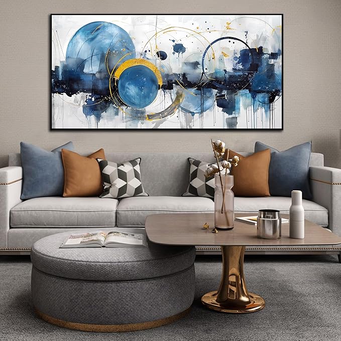 Blue Abstract Canvas Wall Art Bedroom - Office Artwork Wall Decor - Large Framed Wall Art for Living Room Ready to Hang Size 29" x 59"