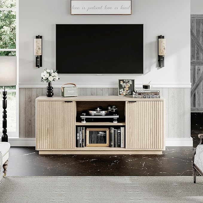 60'' Fluted TV Stand, Console Table, Mid Century Modern Curved TV Stands with Water Wave Shaped Door, Entertainment Center with Metal Handle, Living Room (Cream Yellow Wood Grain)