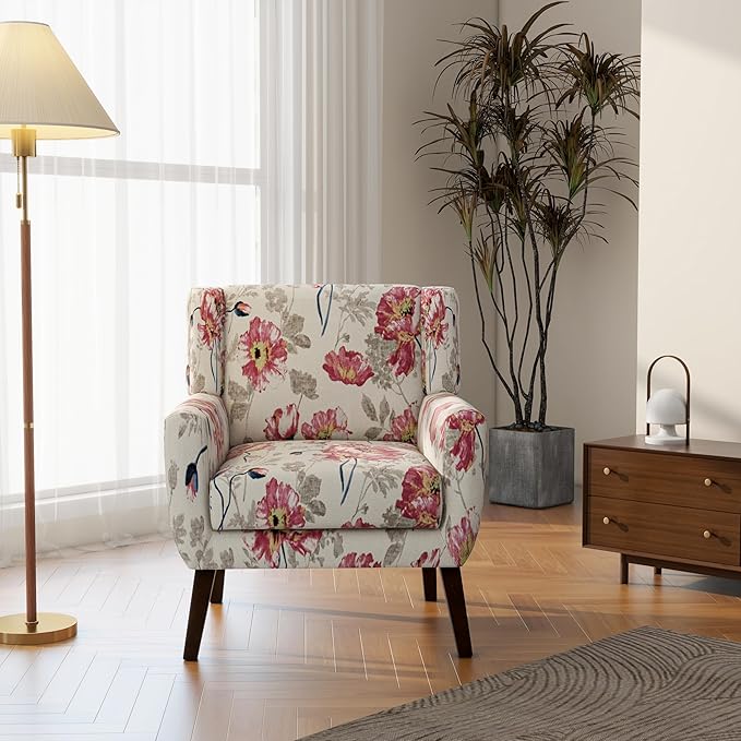 Accent Chairs, Modern Linen Blend Arm Chair for Living Room, Bedroom, Comfy High-Resilient Sponge Reading Chair for Small Spaces (Pattern Pink Floral, Set of 2)