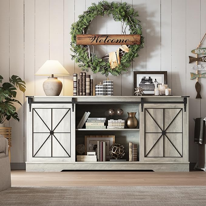 Farmhouse TV Stand for 65/60/55 Inch Tvs, Rustic Entertainment Center with Storage Cabinets & Sliding Barn Doors, Modern Media Console Table, Wood Television Furniture for Living Room, Bedroom, Grey