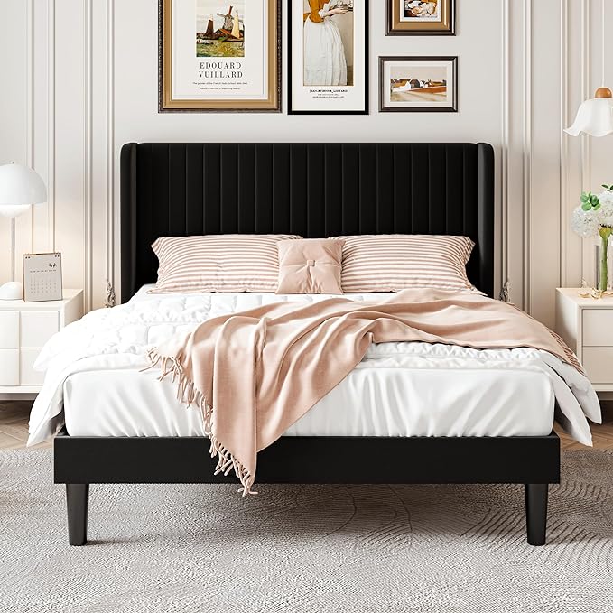 SHA CERLIN Queen Size Velvet Bed Frame with Vertical Channel Tufted Wingback Headboard, Upholstered Platform Bed with Wood Slats, No Box Spring Needed, Easy Assembly, Black