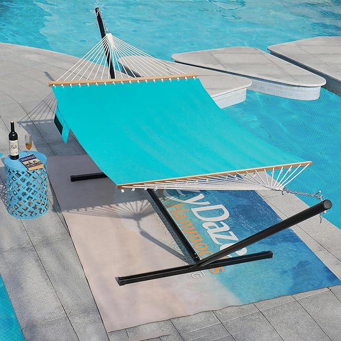 Lazy Daze Hammocks 11 FT Double Outside Hammock Quick Dry Olefin Fabric Hammock with Spreader Bar & Side Pocket for Outdoor Poolside Backyard 450 lbs Capacity, Turquoise