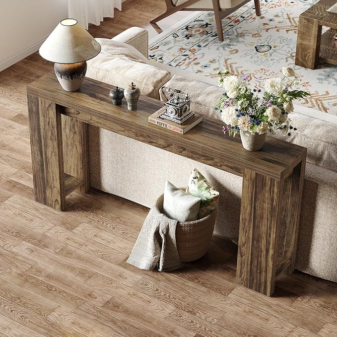 LITTLE TREE 70.9-Inch Long Entryway Table, Narrow Farmhouse Sofa Console Table for Living Room, Hallway, Walnut Brown