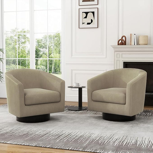 UIXE Swivel Accent Chairs Set of 2, Corduroy Barrel Club Chair Upholstered Armchair for Living Room, Round Arm Chair Bedroom Single Sofa Reading Seat - Camel