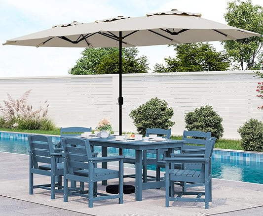 SERWALL 8-Piece Patio Dining Sets with 15FT Double Side Patio Umbrella, Outdoor HDPE Dining Furniture Set with Umbrella Hole Cut-Out Table and 6 Chairs, Blue（Umbreall Base not Included）
