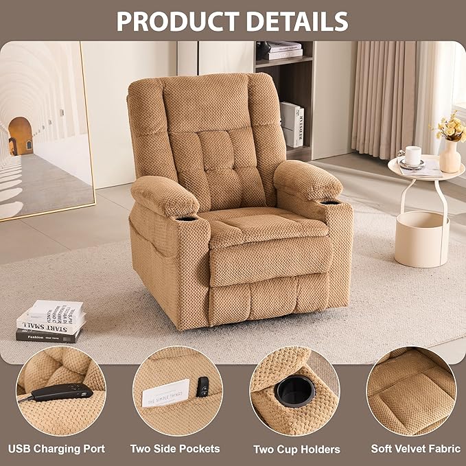 SALOHZA Power Lift Recliner Chair for Elderly with Massage and Heat for Living Room, Electric Recliner Chair for Adults with USB/Type C Port/Cup Holders, Velvet Fabric, Beige