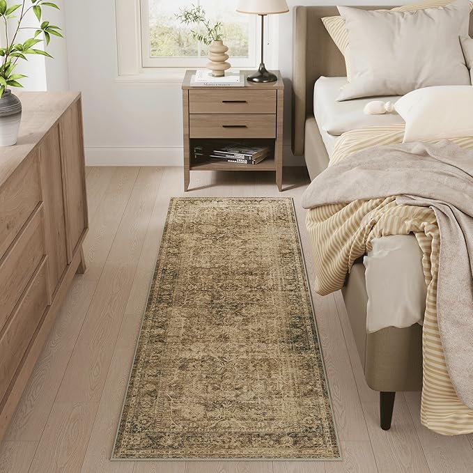 Fmfunctex 2x6 Runner Rug Brown Vintage Neutral Washable Distressed Non Slip Low Pile Indoor Carpet Soft Retro Floral Hallway Entryway Rug for Kitchen Living Room Bedroom Bathroom Laundry Entry Bedside