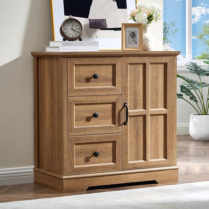 3+1 Log Dresser for Bedroom, Chest of Drawers for Bedroom with Wooden Drawers and Cross Door, Wood Dressers Storage TV Stand for Bedroom, Living Room