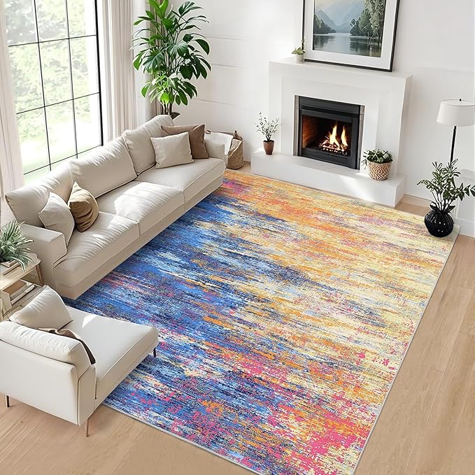 Washable Rug 9x12 Area Rug for Living Room, Non Slip Abstract Rug for Bedroom, Ultra Soft Area Rug, Low Pile Soft Contemporary Indoor Floor Carpet Cover, Blue/Orange