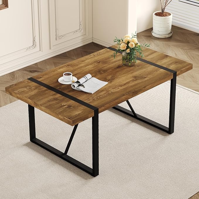 71'' Dining Table for 6-8, Dark Wood Kitchen Table with Metal Legs, Dinner Table for 6-8 for Home Dining Room Living Room