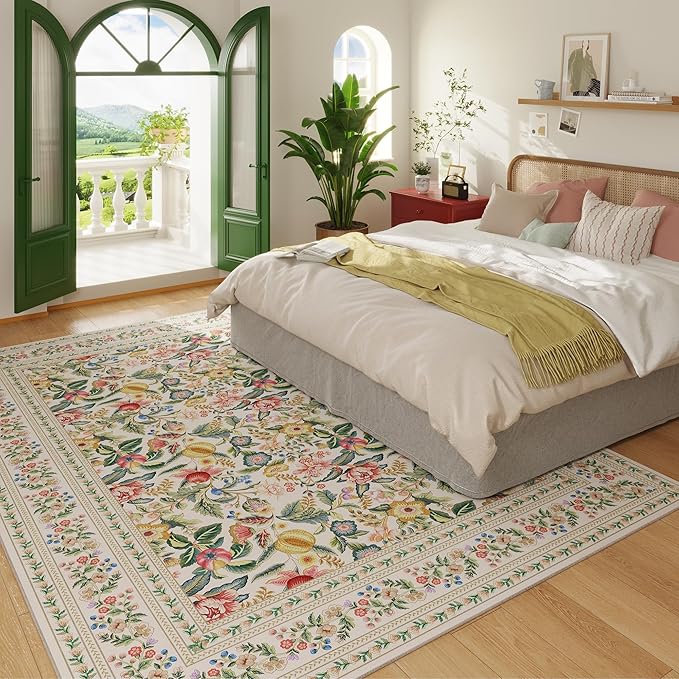 5x7 Washable Rug Vintage Floral Area Rug Non Slip Low Pile Large Rugs for Living Room, Bedroom, Farmhouse, Dining Room, Kids Playroom, Beige