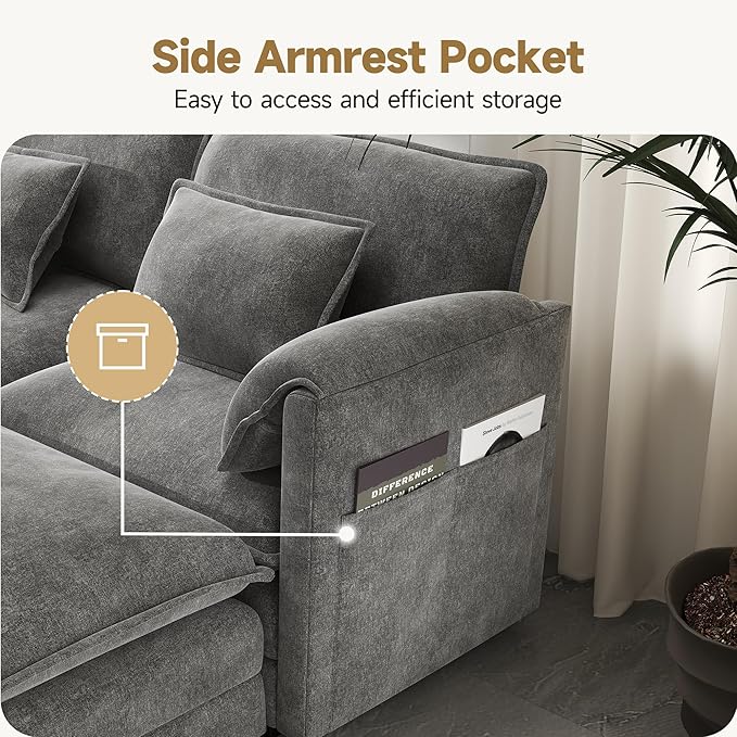 Real Relax 34.9'' Modular Sectional Sofa, Single Seat Without Armrest Chenille Convertible Couch with 2 Pillows for Living Room, Office and Leisure Places, Dark Gray