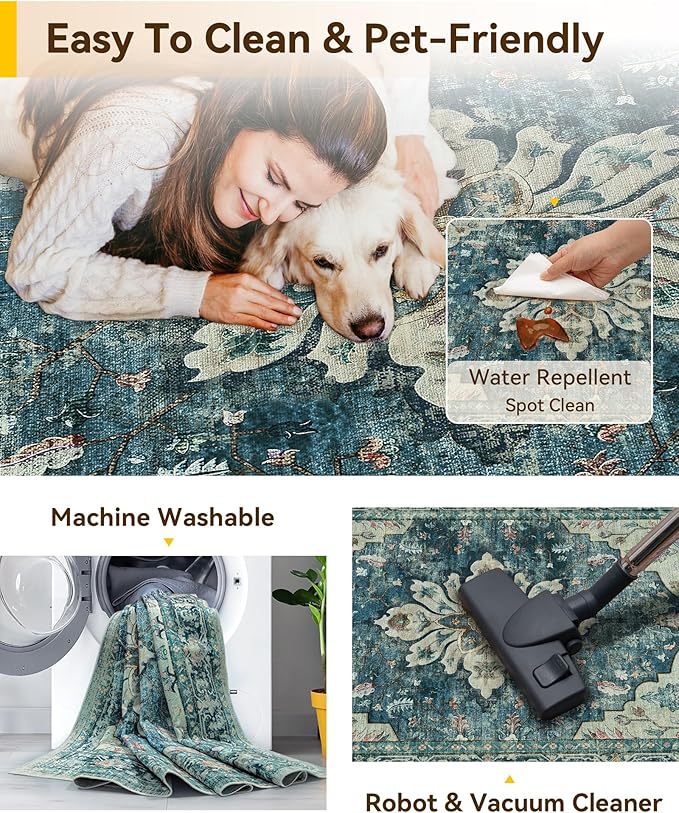 Area Rugs 5'x8' Washable Non-Slip, Floral Vintage Distress Print Pattern Medallion Carpet for Living Room Bedroom Dining Room, Dark Blue Vintage