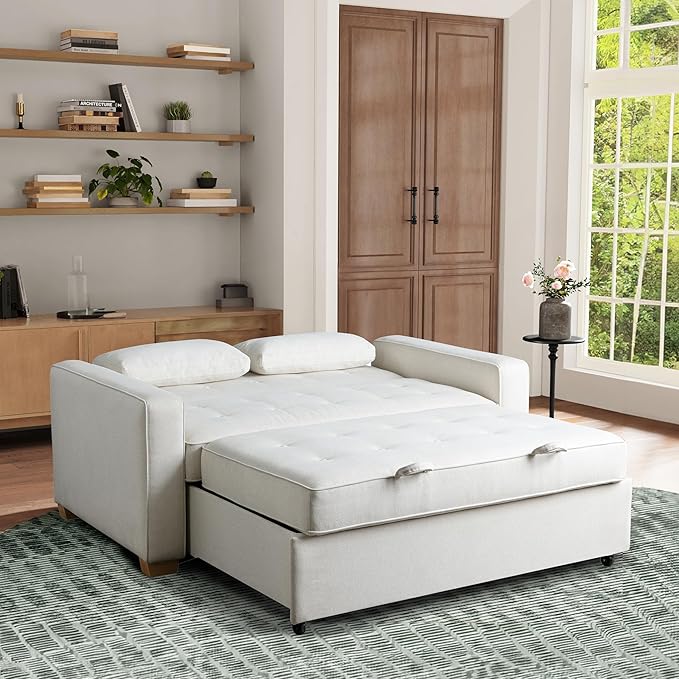 Serta Ainsley 72.6" Convertible Sleeper Sofa, Queen Size, Dreamcoil Comfort, Soft Woven Fabric, Oyster