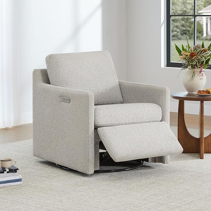 CHITA Swivel Accent Chair with Electric Footrests, FSC Certified Upholstered Living Room Sofa Chair with Power Motor, USB and Type-C Ports, Light Grey
