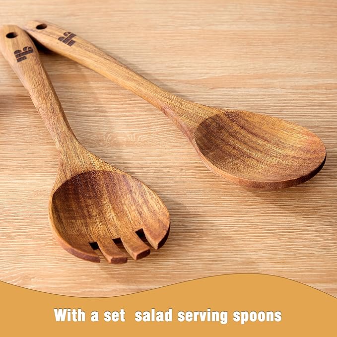 Wooden Salad Bowls with Serving Utensils, Large 12.5" Acacia Wooden Bowls for Food, Perfect as Fruit Bowl, Serving Bowls, Mixing Bowls, Handmade, Durable and Stylish Natural Wood Dinning Accessory