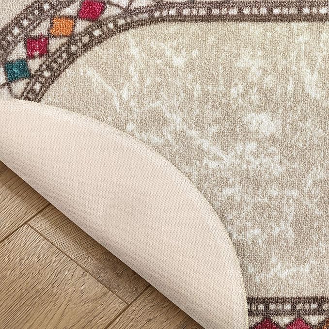 Antep Rugs Alfombras Modern Bordered 2x5 Non-Skid (Non-Slip) Low Profile Pile Rubber Backing Kitchen Area Rugs (Beige, 2' x 5' Oval)