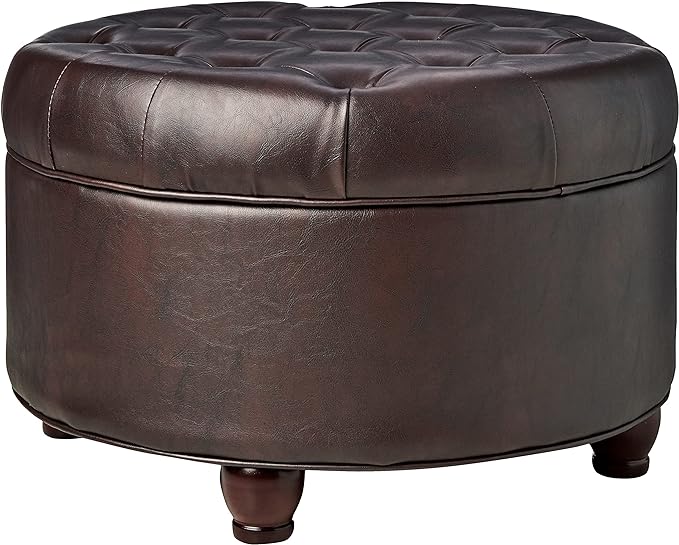 Homepop Home Decor | Button Tufted Faux Leather Round Storage Ottoman | Ottoman with Storage for Living Room & Bedroom (Distressed Brown)
