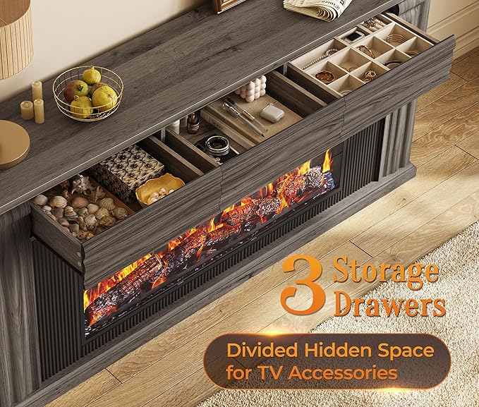 PRAISUN 70'' Fireplace TV Stand with 42'' Electric Fireplace, Farmhouse TV Stand for 65 75 Inch TV, Entertainment Center TV Console with 3 Drawers, Fluted Design, for Living Room, Gray Oak