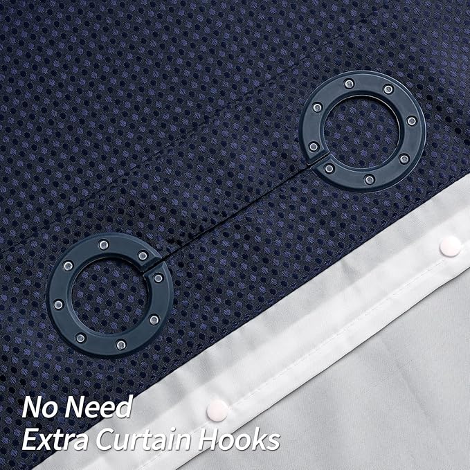 MitoVilla No Hooks Needed Extra Long Shower Curtain Set with Snap-in Liner, Navy Blue 86 inch XL Waffle Fabric Shower Curtains for Luxury Hotel Grade & Spa-Like Bathroom Decor