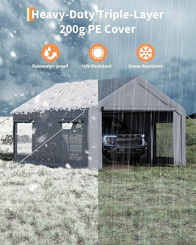 10X20 Ft Carport, Portable Carport with 4 Roll-Up Windows,Doors,Car Port with 200g PE Tarp for Car Boat Truck Motorcycle, Waterproof & UV Protected, Anti-Snow Portable Garage Kit Tent