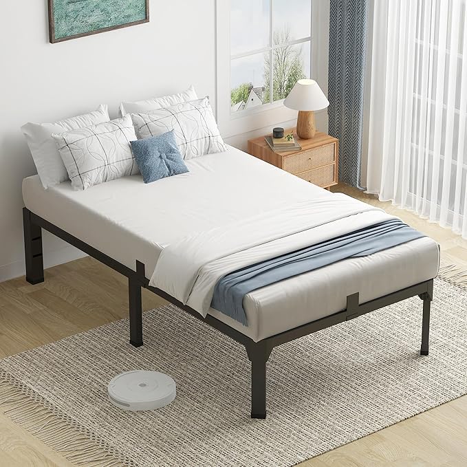 Twin Bed Frame with Mattress Slide Stopper, 18 Inch Metal Platform Bed Frame, Heavy Duty Tall Bed Frame No Box Spring Needed with Large Storage Space, Easy Assembly, Noise Free