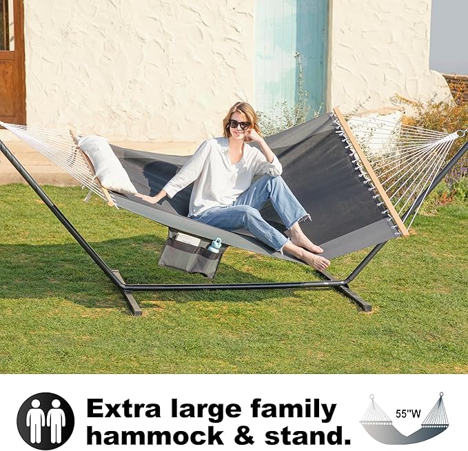 Waterproof Double Hammock with Stand for Outside Heavy Duty, 2 Person 55'' Large Quick Dry Textilene Hammocks with Hardwood Spreader Bar, Pillow, Pockets, 475lbs Capacity (Gray & Black)