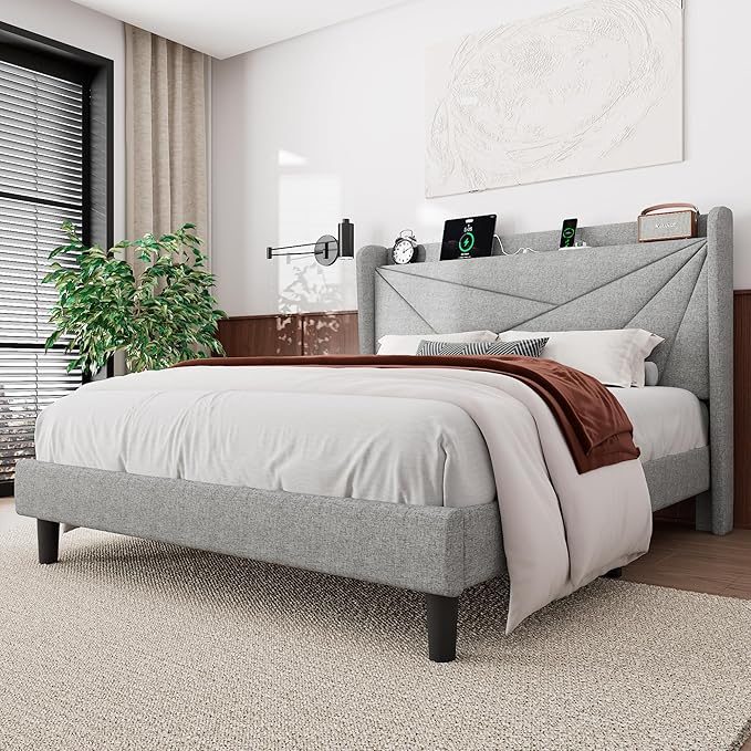Feonase Queen Bed Frame with Charging Station, Linen Upholstered Platform Bedframe with Wingback Headboard, Solid Wood Slats Support, Noise Free, No Box Spring Needed, Light Grey