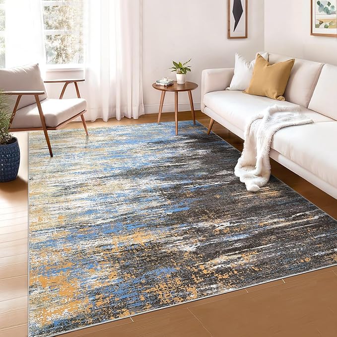 Modern Abstract Area Rug 4x6 Washable Rug for Living Room, Ultra Soft Rug for Bedroom, Non Slip Indoor Floor Carpet, Stain Resistant Rugs for Home Decor Office, Blue/Brown