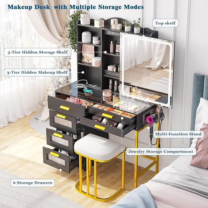 RGB Vanity Desk with Sliding Mirror and Lights, LED Makeup Vanity with Charging Station, Glass Top Dressing Table Set with Jewelry Organizer,6 Drawers,Stool,Shelves for Bedroom (Black)