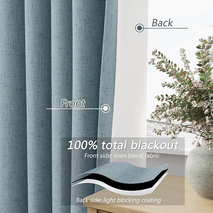 Blue Linen Blackout Curtains 108 Inch Length 2 Panels Set for Living Room Bedroom Back Tab Thermal Insulated 100% Black Out Linen Drapes Room Darkening Window Curtains 108 Inches Long Dusty Blue