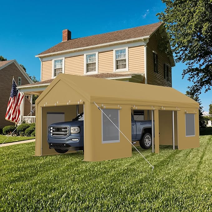 13x25ft Carport, Heavy Duty Carport with Reinforced Steel Poles, Upgraded Portable Garage with Doors & Window, UV Resistant All-Season Waterproof Tarp, for Car, Truck, Boat (Yellow)